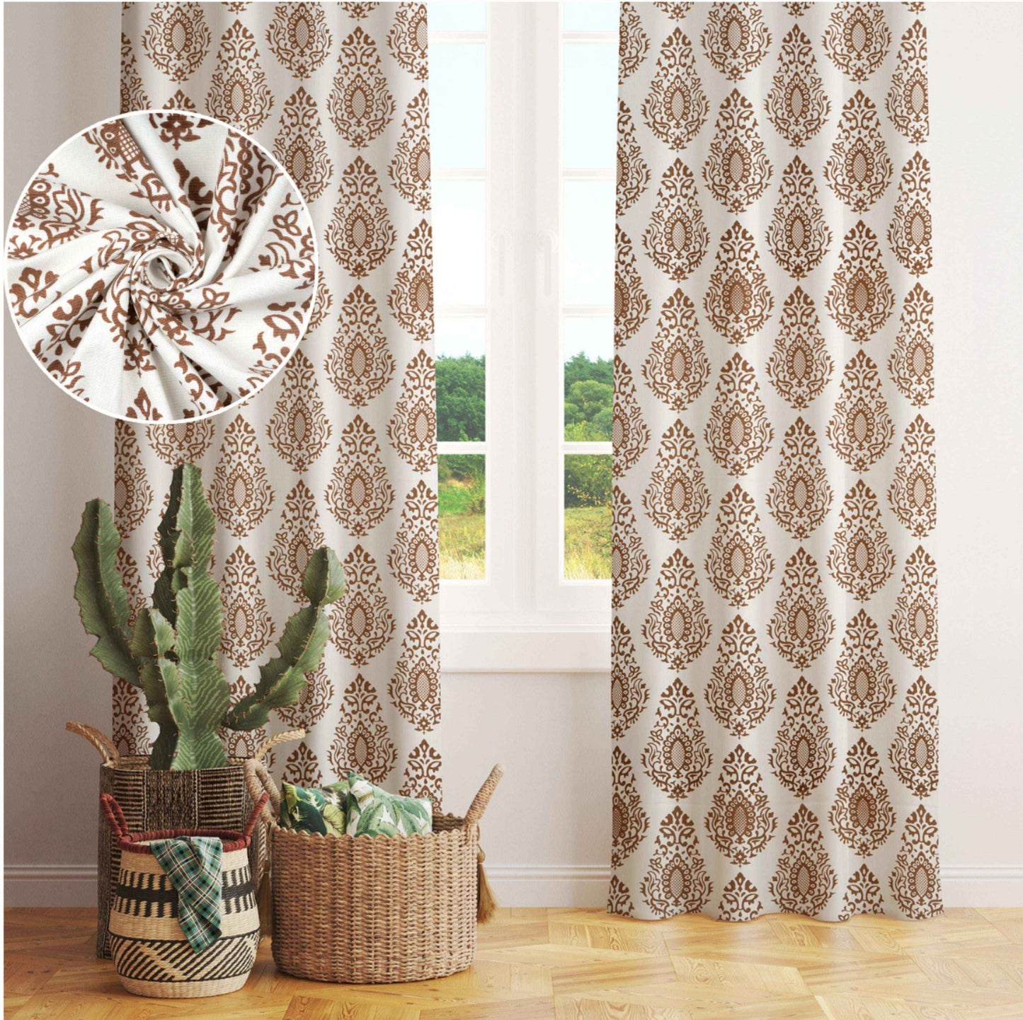 Elegant brown damask pattern curtains with close-up fabric texture, made of breathable cotton – perfect for living room or bedroom decor.







