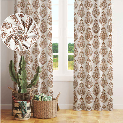 Elegant brown damask pattern curtains with close-up fabric texture, made of breathable cotton – perfect for living room or bedroom decor.







