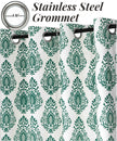 Green damask curtains with stainless steel grommets.
