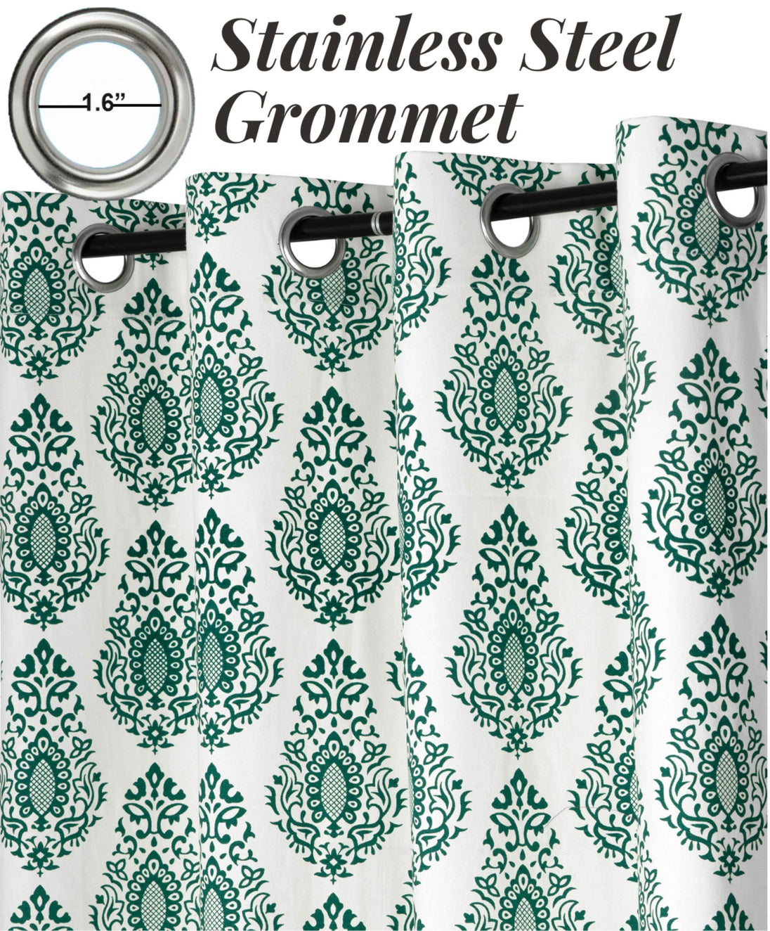 Green damask curtains with stainless steel grommets.
