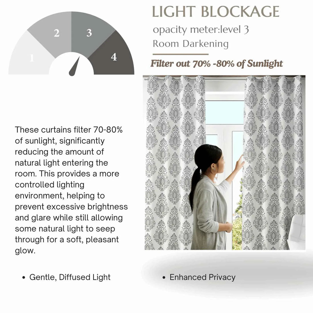 Gray damask curtains offer room darkening benefits
