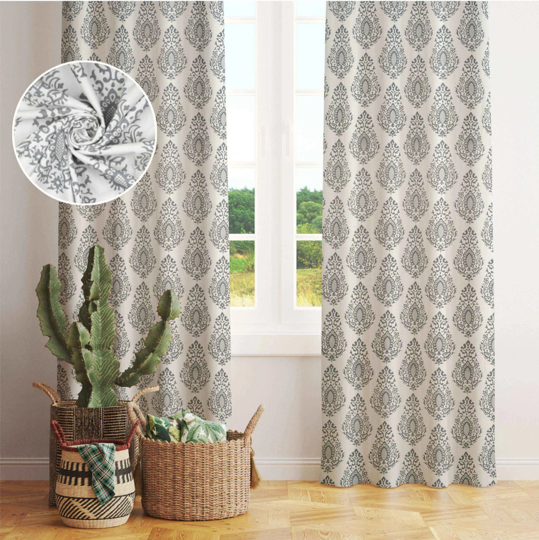 Samara Cotton Damask Farmhouse Drapes Curtains - Kapissh