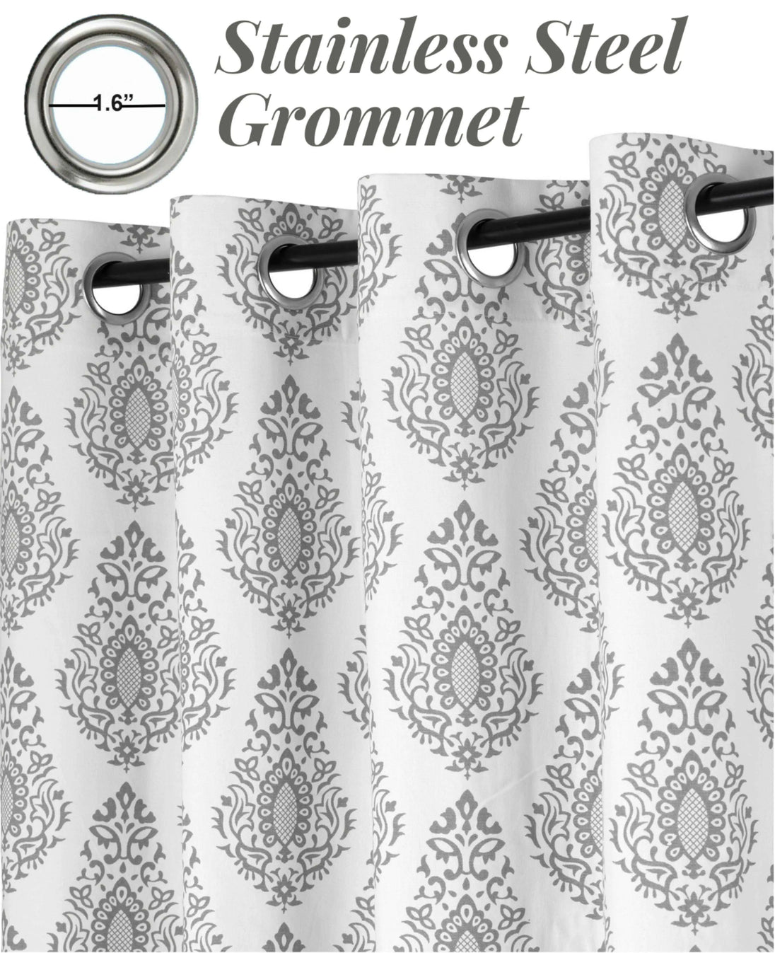 Gray damask curtains with 1.6" stainless steel grommets
