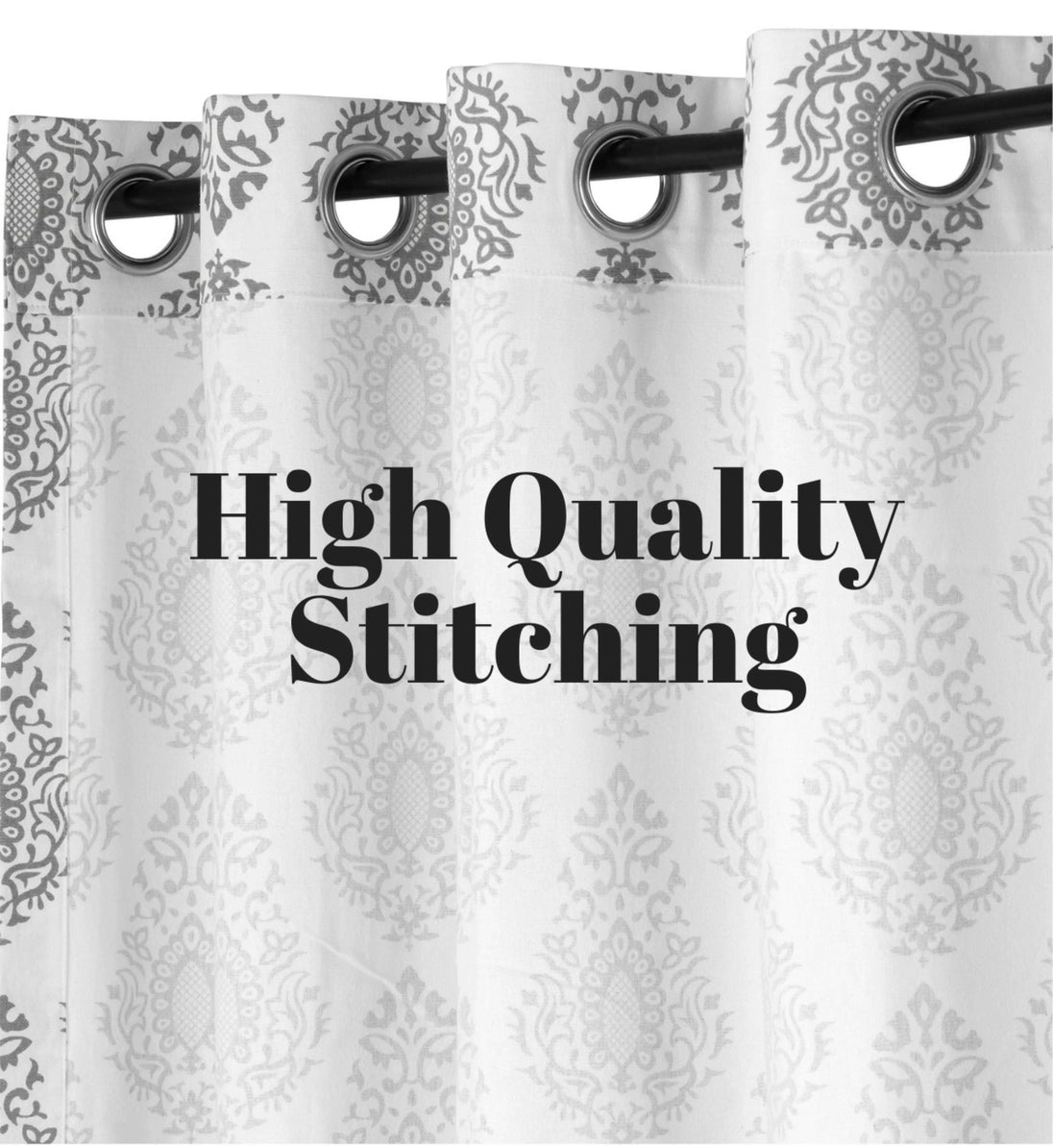 Gray damask curtains featuring high-quality stitching
