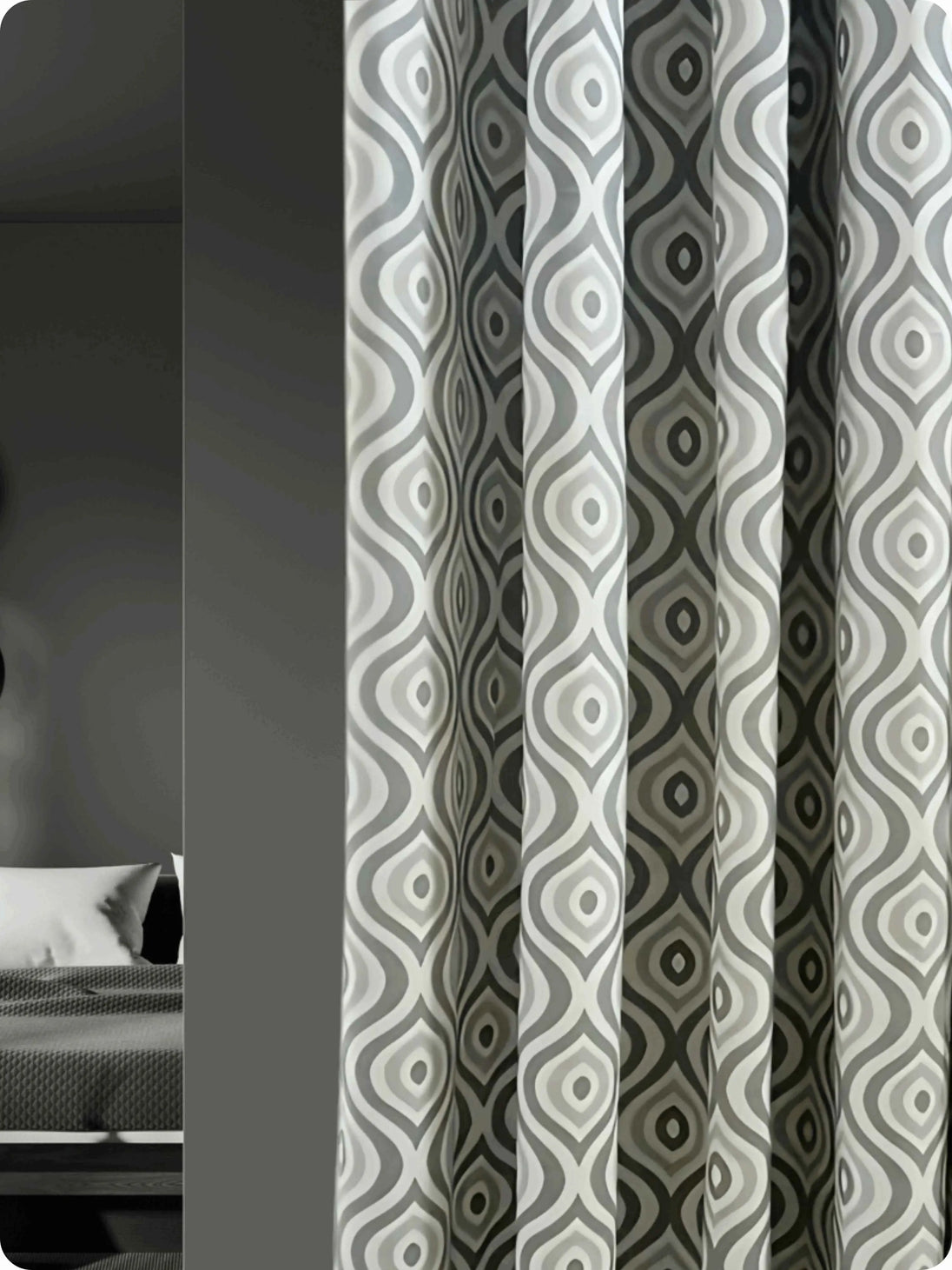 Modern bedroom curtains with bold geometric pattern.
