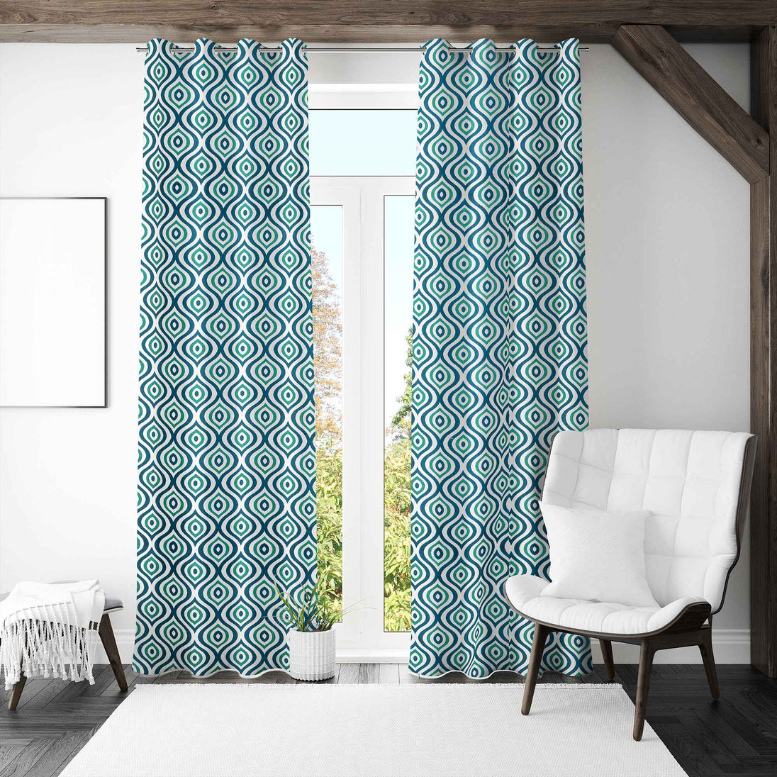Blue patterned curtains in bright modern room
