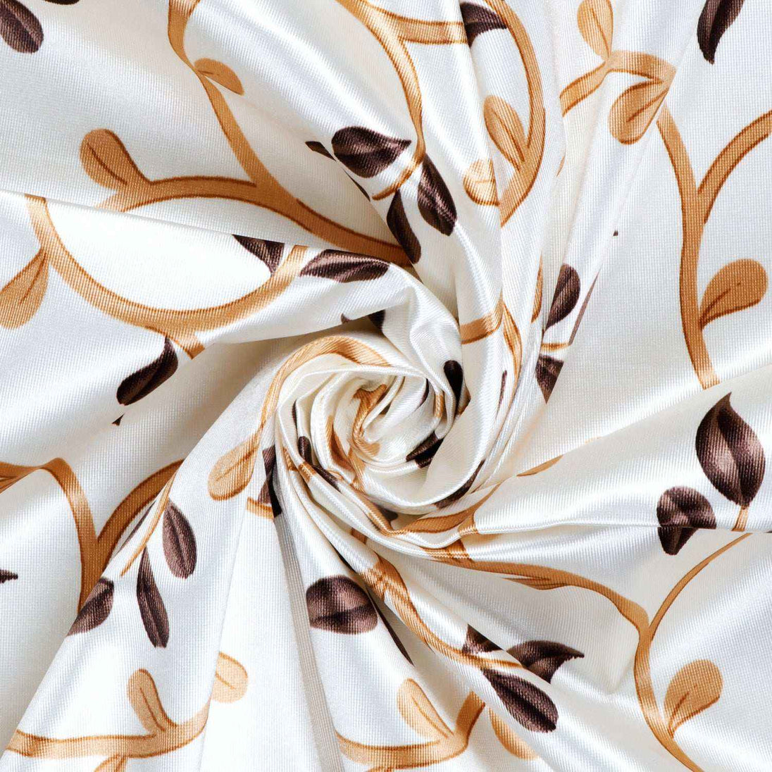 Close-up of white curtain fabric with gold vine and brown leaf pattern, 