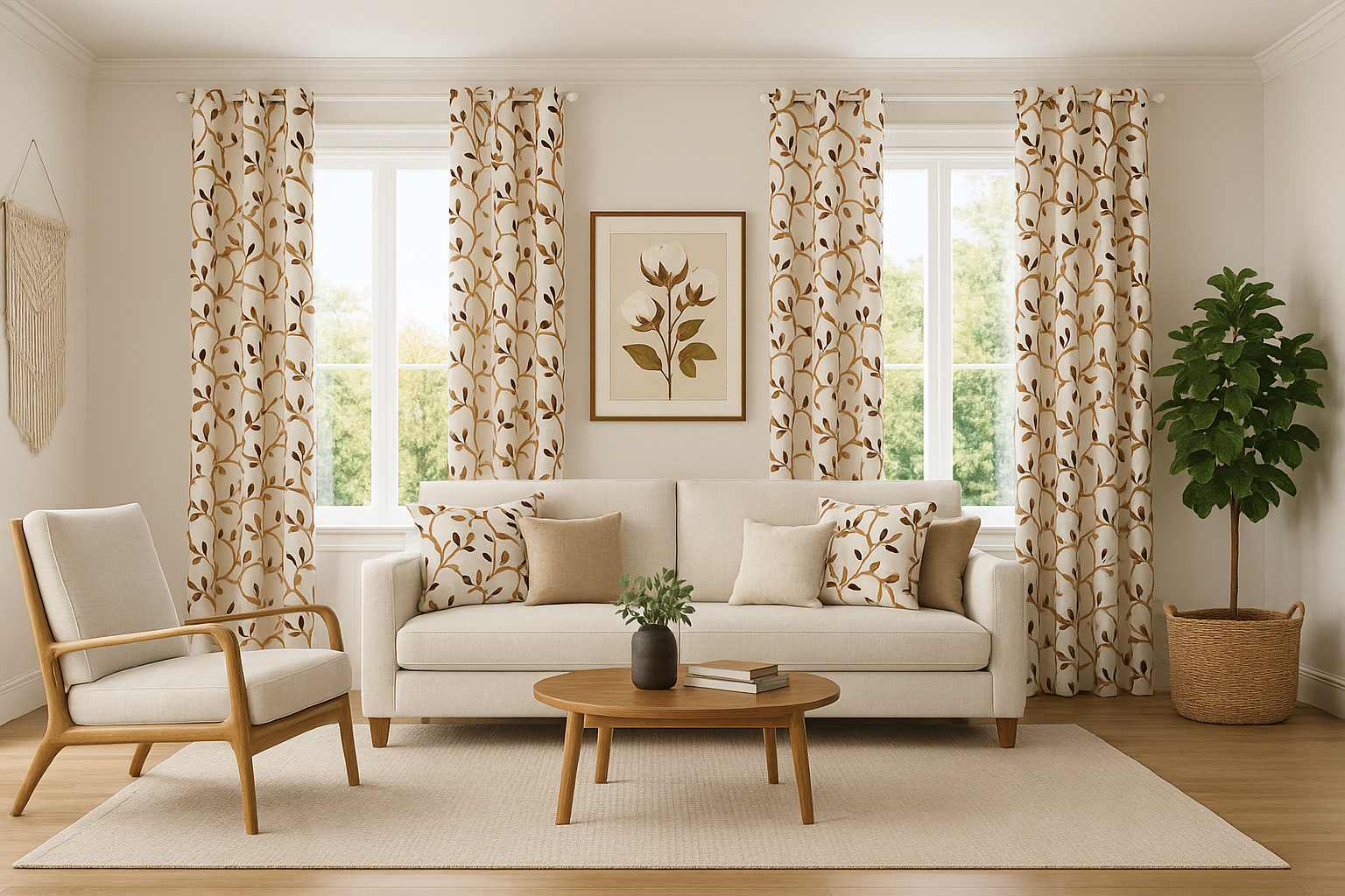 Bedroom with blue palm leaf patterned curtains.