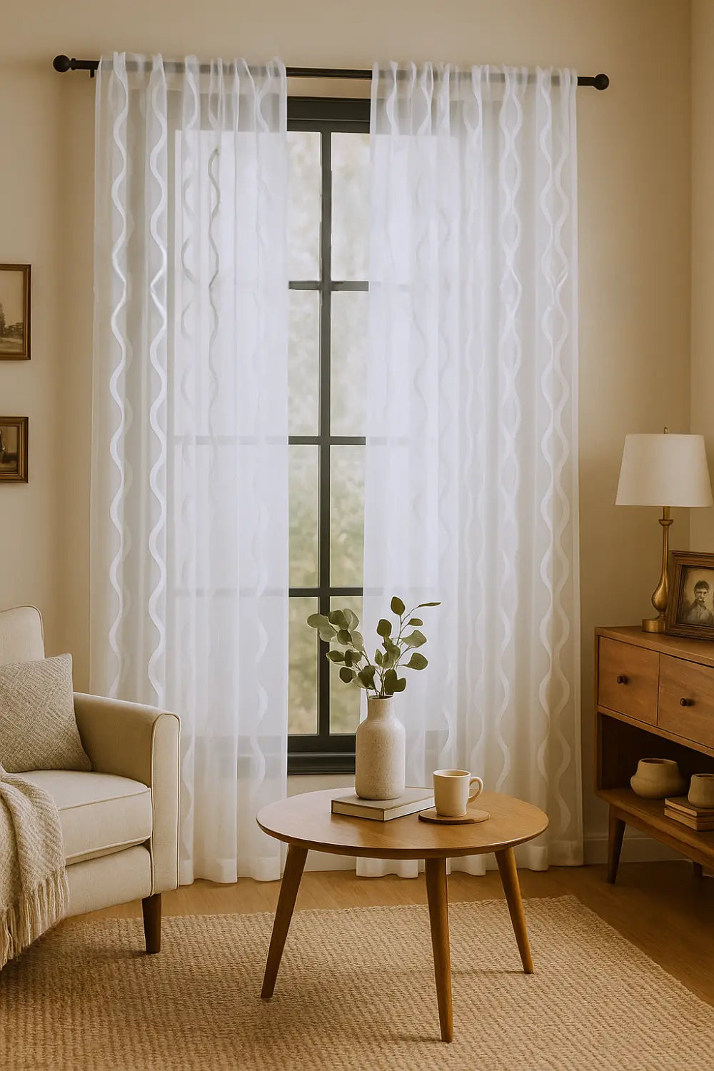 Full-length ocean sheer curtain panel on window









