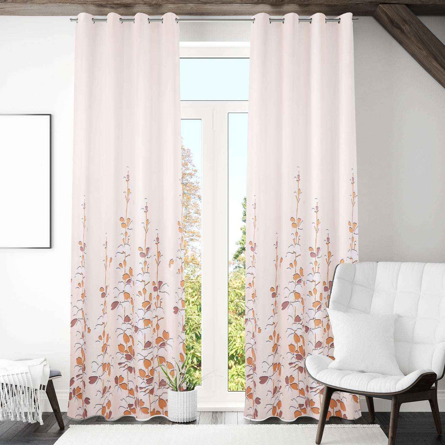 Winnetka Floral Cream Beige Room Darkening Brown Curtains - Kapissh
