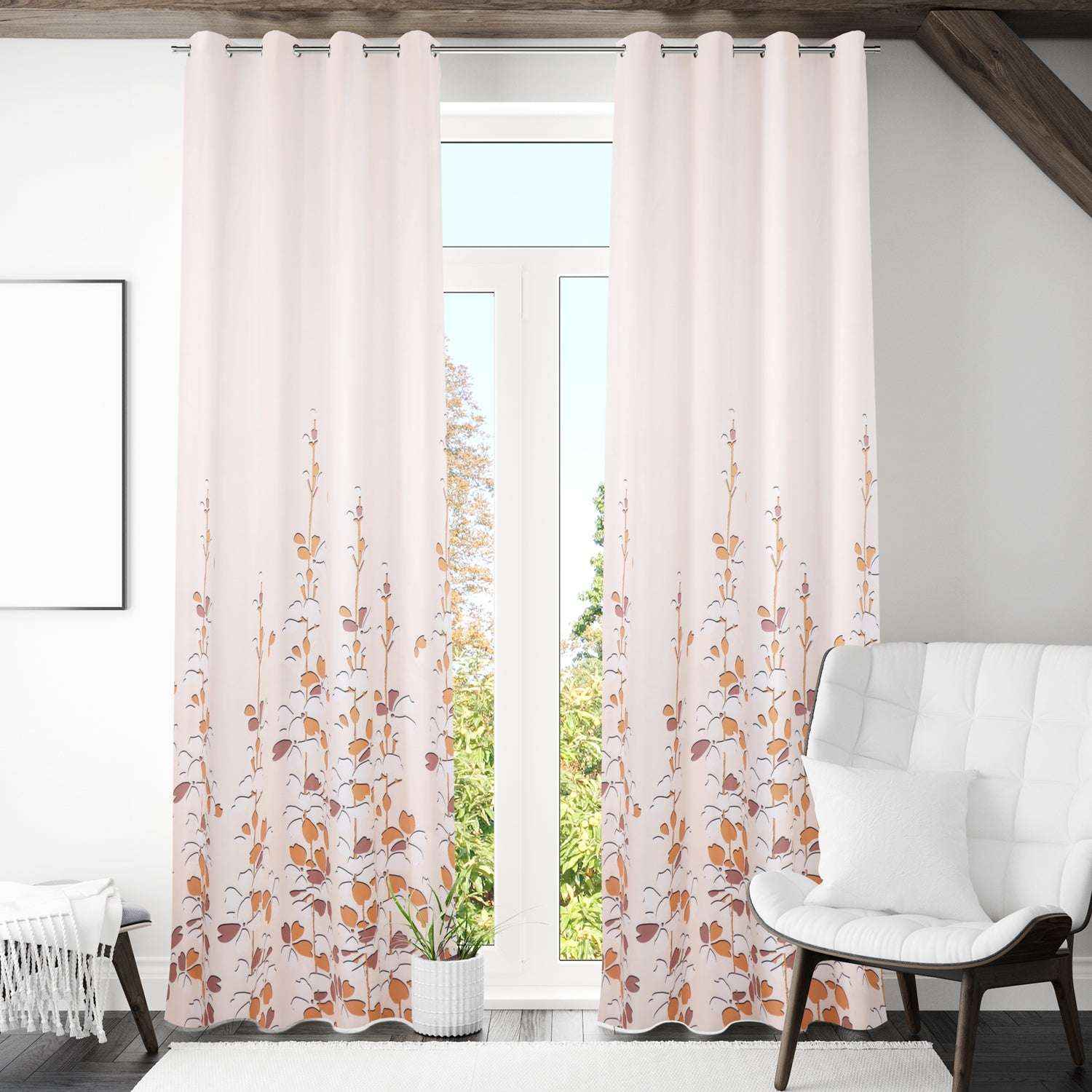 Winnetka Floral Cream Beige Room Darkening Brown Curtains - Kapissh
