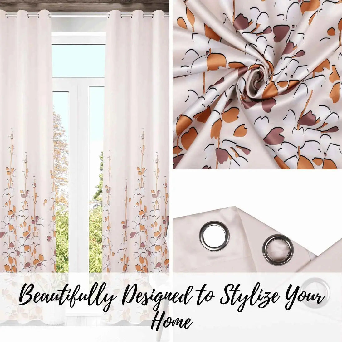 Winnetka Floral Cream Beige Room Darkening Brown Curtains - Kapissh