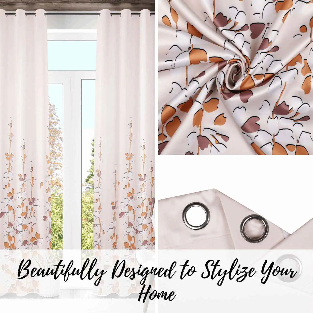 Winnetka Floral Cream Beige Room Darkening Brown Curtains - Kapissh