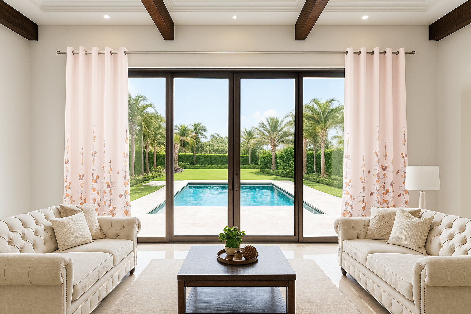 Luxurious living room with light floral curtains and pool view.