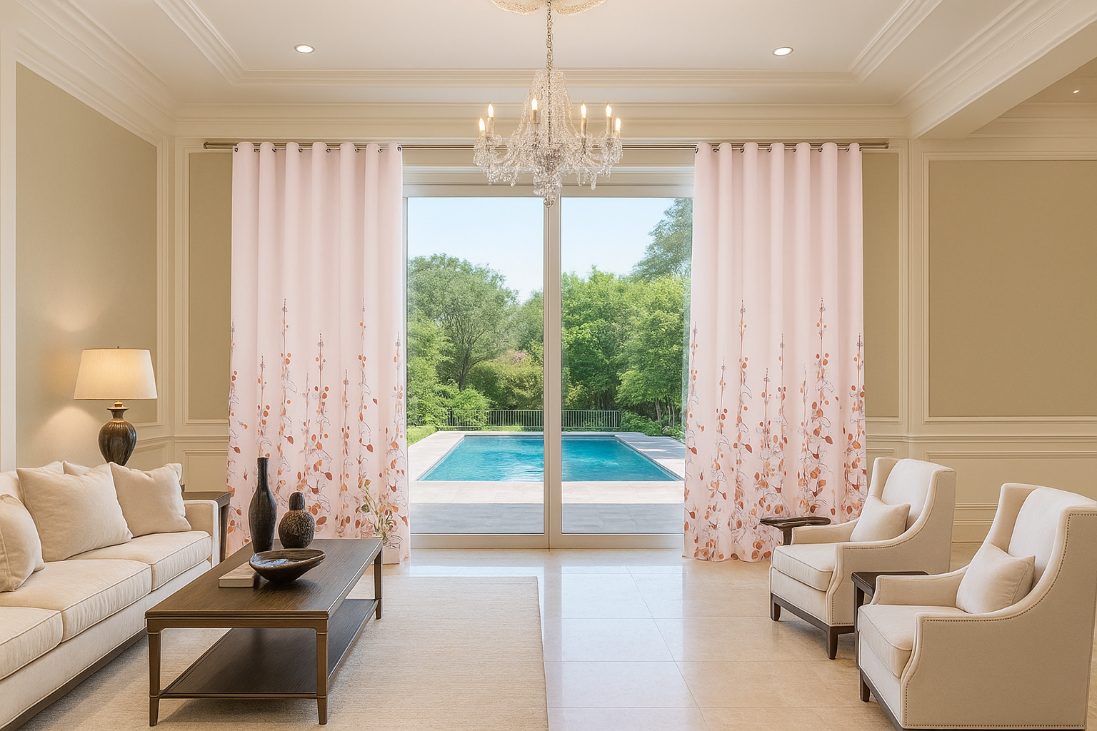 Luxurious living room with pool view and floral curtains.