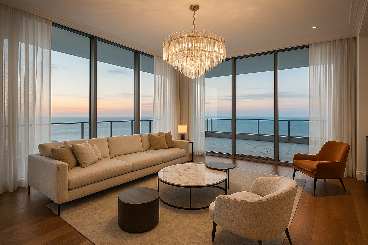 create an image of a luxurious and modern living room in the high tower building apartment above 50 floors and have white linen curtains on the wide and large glass windows, windows should have patio view and ocean view, living room should have lavish furniture with modern chandalier.