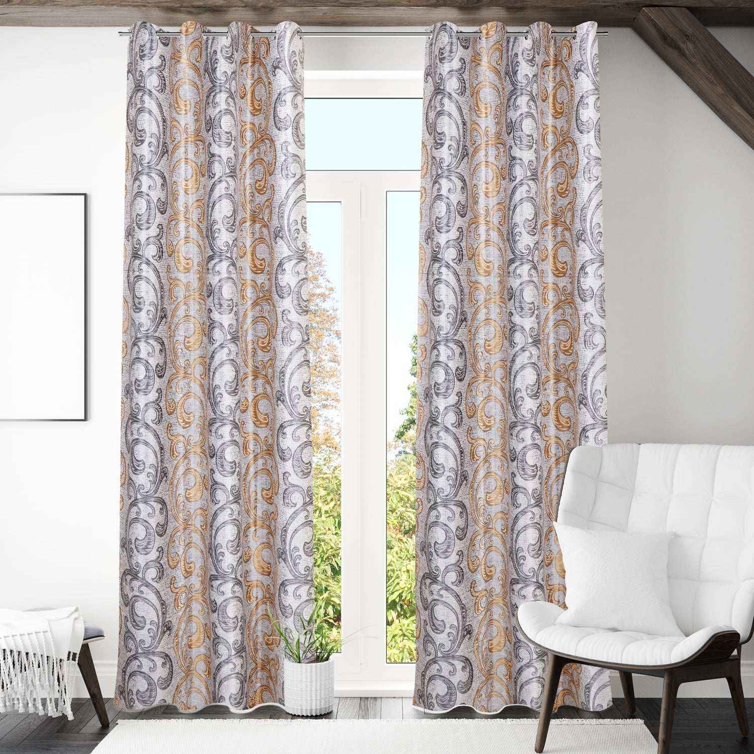 Paisley print curtains in neutral living room with white chair