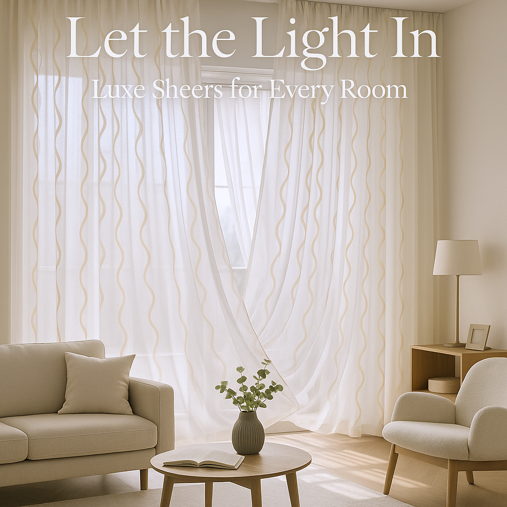 Elegant living room with luxe sheer curtains letting in soft natural light, styled with modern neutral furniture.
