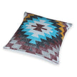 Flat-lay of boho Aztec throw pillow cover with vibrant turquoise, mustard, burgundy, and black geometric pattern — Southwestern-style cushion perfect for living room or bedroom decor.