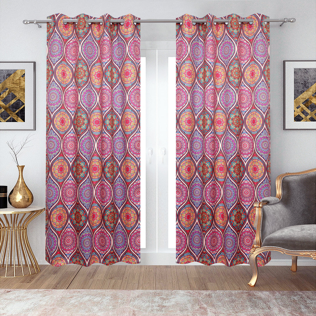 Colorful bohemian curtains with intricate mandala patterns.
