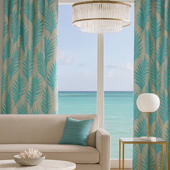 Maharani Jacquard Room Darkening Silver & Blue Curtains Palm Leaves