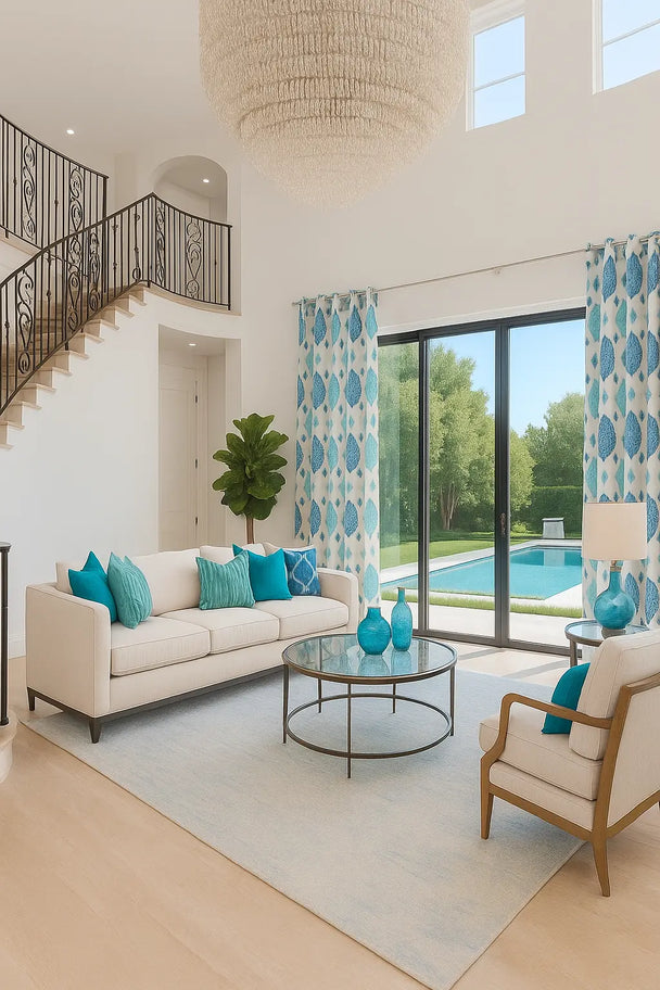 Bright modern living room with teal accent decor.
