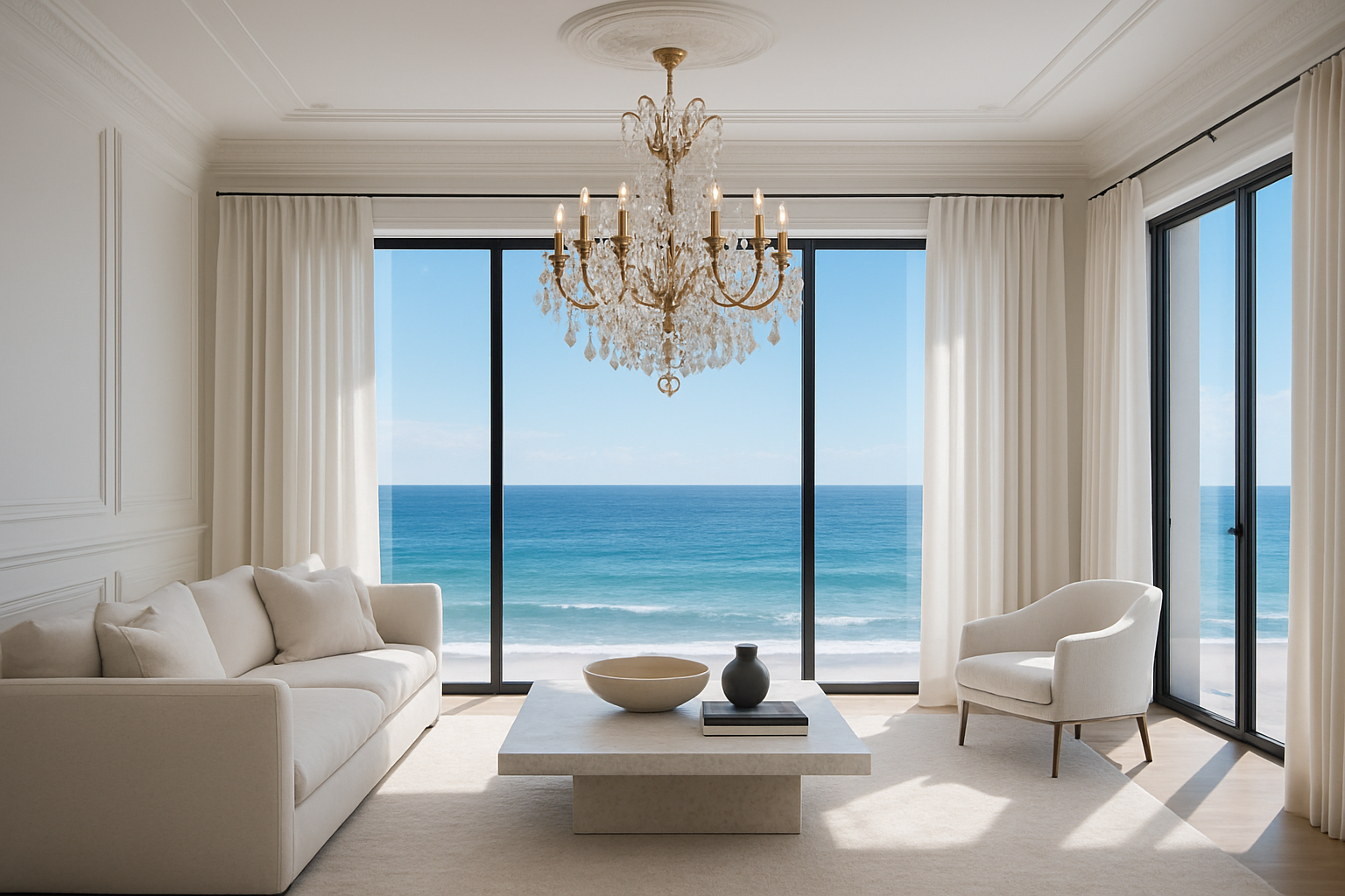 Elegant white living room with ocean view
