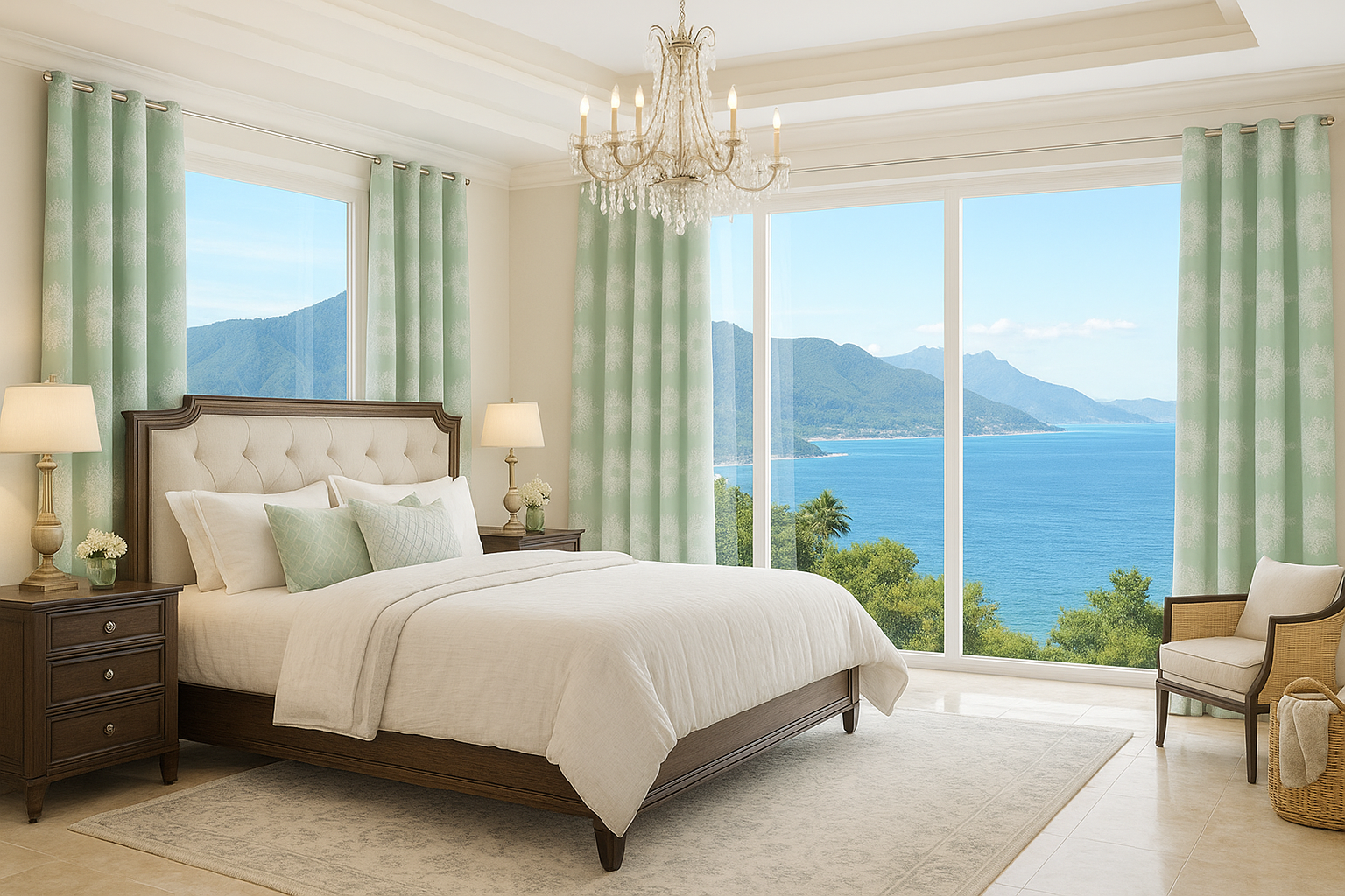 Elegant bedroom with sea view and light green curtains.